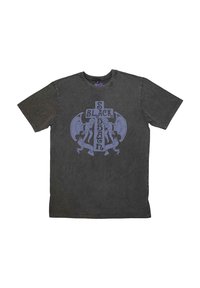 Black cotton t-shirt featuring a purple graphic of a cross with the text "BLACK SABBATH" and stylized figures on either side. Short sleeves.