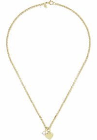 Collana in oro con un piccolo ciondolo a forma di cuore e un accento di pietra trasparente. La catena ha un design delicato e testurizzato.