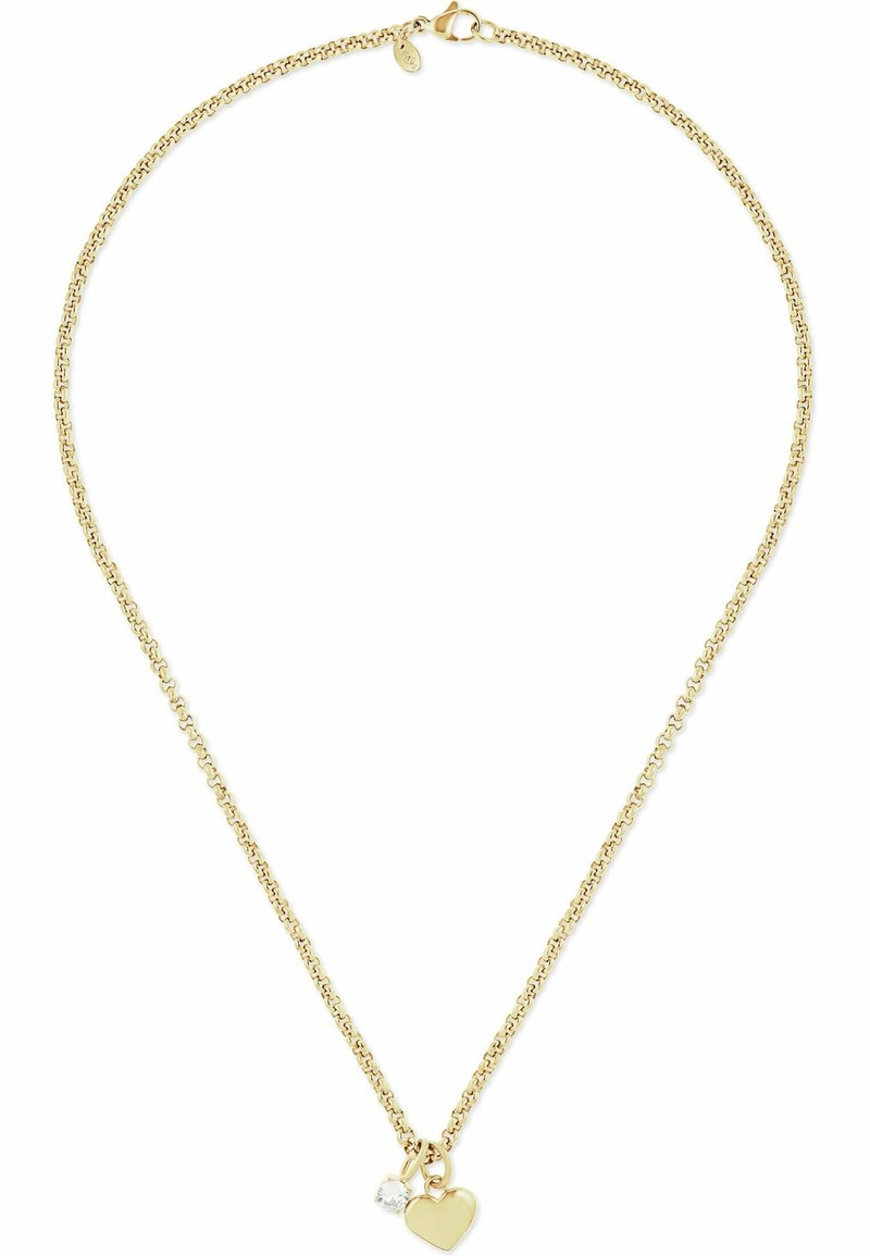Collana in oro con un piccolo ciondolo a forma di cuore e un accento di pietra trasparente. La catena ha un design delicato e testurizzato.