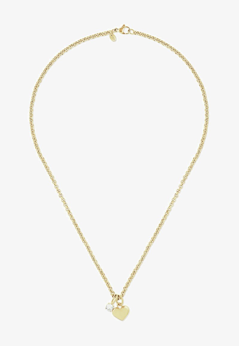 Collana in oro con un piccolo ciondolo a forma di cuore e un accento di pietra trasparente. La catena ha un design delicato e testurizzato.