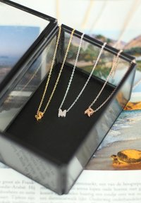 Drie kettingen met de initialen S, M en R zijn tentoongesteld in een zwarte glazen vitrine. De kettingen zijn van goud, zilver en rosé goud.