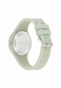 Furla laikrodis su šviesiai žaliu silikono dirželiu, apvaliu sidabriniu nerūdijančio plieno nugarėlė, ir sidabriniais akcentais.