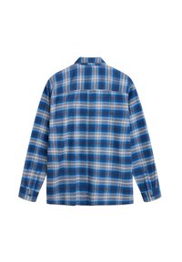 Chemise à manches longues à carreaux bleus avec des lignes blanches et grises, vue de dos, avec col et poignets boutonnés.