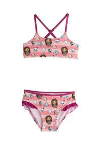 Roze twee-delige zwemkleding met een gestreept ontwerp met cartoonfiguren, verstelbare crisscross-bandjes en volantaccenten op de broekjes.