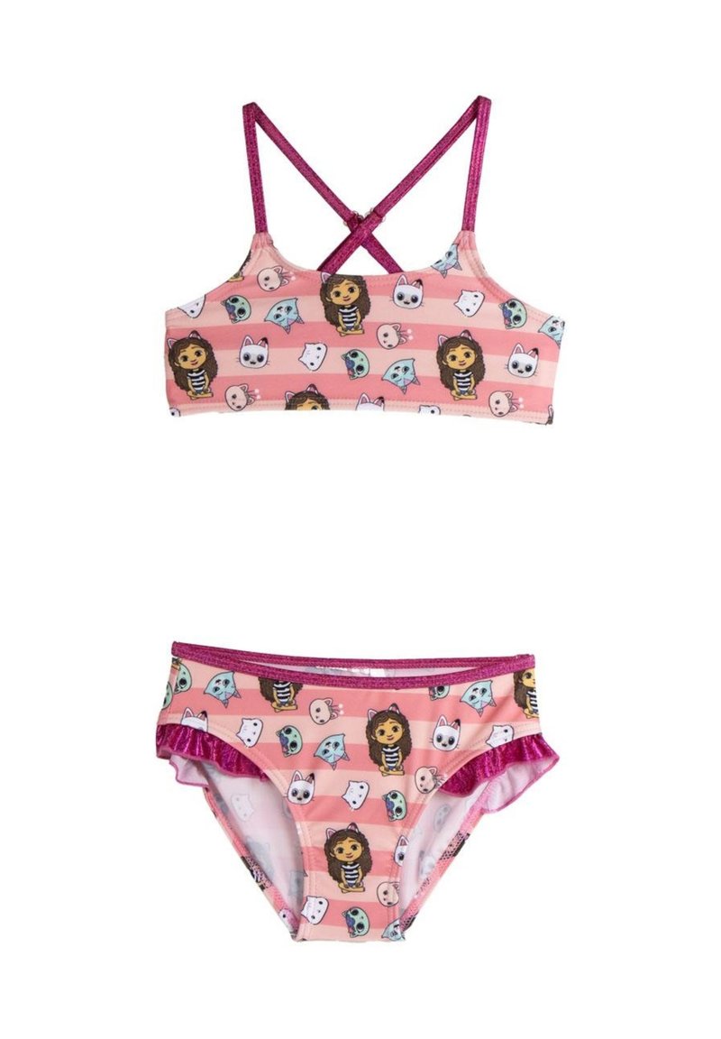 Roze twee-delige zwemkleding met een gestreept ontwerp met cartoonfiguren, verstelbare crisscross-bandjes en volantaccenten op de broekjes.
