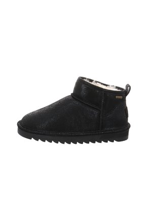 Schwarze Knöchelstiefel aus strukturiertem Leder, mit einem weichen weißen Pelzfutter, runder Spitze und einer Gummisohle mit einem Profil. 