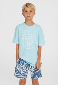 Šviesiai mėlynas medvilninis marškinėlis su grafiniu atspaudu. Derinamas su mėlynomis šortais, puoštas baltais palmių lapų raštais, abu yra laisvi ir atsipalaidavę.