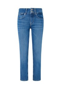 Blå denimjeans med rak passform, två framfickor, knappgylf med dubbla knappar och subtil blekning på benen.