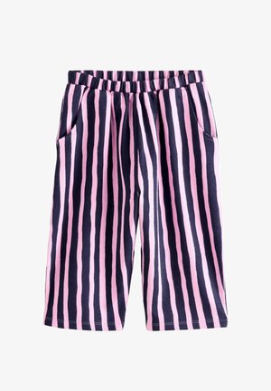Črtaste kratke hlače v mornarsko modri in roza barvi, narejene iz mehkega bombaža. Imajo elastičen pas in dve stranski žep. Klasičen ravno krojen kroj.