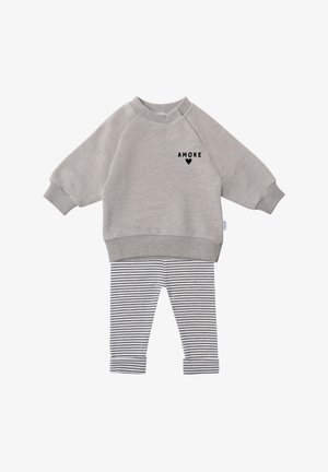Gray sweatshirt with "AMORE" text in black, paired with white and navy striped leggings. Soft cotton material, relaxed fit, ribbed cuffs.