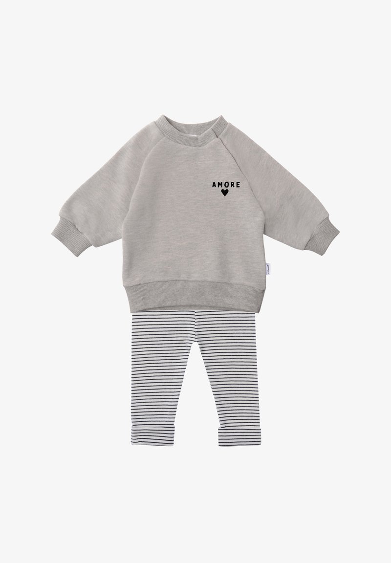 Gray sweatshirt with "AMORE" text in black, paired with white and navy striped leggings. Soft cotton material, relaxed fit, ribbed cuffs.
