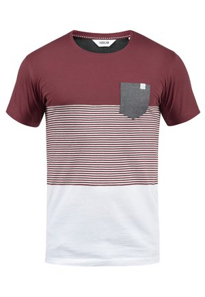 Maroon and white striped t-shirt with a gray pocket. Short sleeves, crew neck, and a solid color upper section. Soft fabric texture.