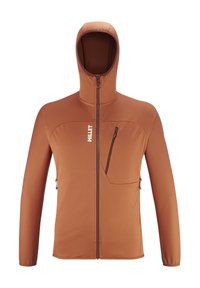 Veste marron extensible avec une capuche ajustée, fermeture éclair à l'avant et poche poitrine. Présente un tissu texturé et des trous pour les pouces aux poignets pour plus de confort.