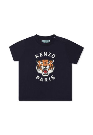 Navy blue short-sleeve t-shirt featuring a prominent tiger graphic and "KENZO PARIS" text. Snap closure on the shoulder for easy wear.