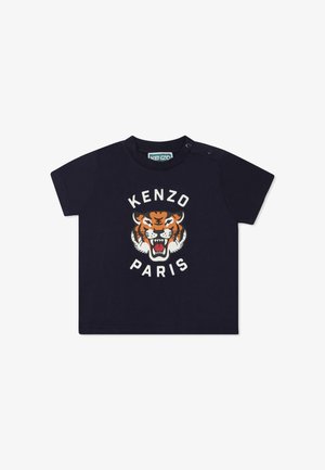 Marineblauwe T-shirt met korte mouwen, voorzien van een opvallende tijgerafbeelding en de tekst "KENZO PARIS". Drukknoopsluiting op de schouder voor gemakkelijk aan- en uitkleden.