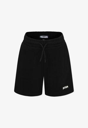 Shorts neri in cotone con vita elasticizzata, cordoncino e tasche laterali. Presentano il testo del logo bianco sulla parte inferiore della gamba sinistra.