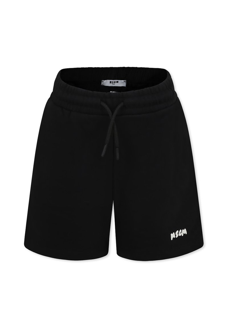 Shorts neri in cotone con vita elasticizzata, cordoncino e tasche laterali. Presentano il testo del logo bianco sulla parte inferiore della gamba sinistra.