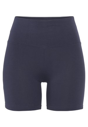 Navy blue high-waisted shorts made from stretchy fabric, featuring a smooth texture and seamless construction for comfort and ease of movement.