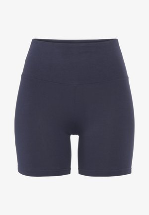 Navy blue high-waisted shorts made from stretchy fabric, featuring a smooth texture and seamless construction for comfort and ease of movement.