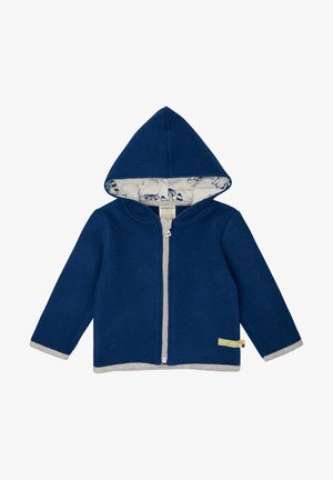 Marineblaue Fleece-Hoodie mit einem vorderen Reißverschluss, grauen Akzenten und einem gemusterten weißen Futter mit Tieren. Mit Kapuze und langen Ärmeln.