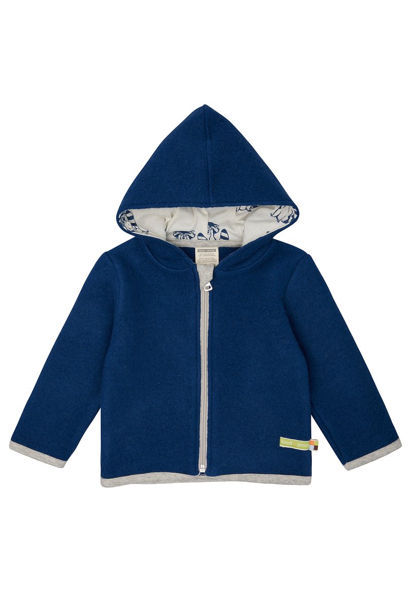 Marineblaue Fleece-Hoodie mit einem vorderen Reißverschluss, grauen Akzenten und einem gemusterten weißen Futter mit Tieren. Mit Kapuze und langen Ärmeln.