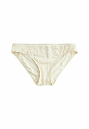 Krém színű bikini alsó, texturált mintázattal, apró kivágásokkal. Sima anyag, közepes magasságú szabás és elasztikus derékpánt.