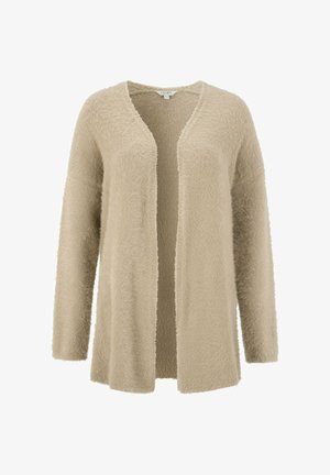 Beige, tekstureret cardigan med sjalskrave, åben front og lange ærmer. Blødt, fuzzy stof med en afslappet pasform og ingen lukninger.