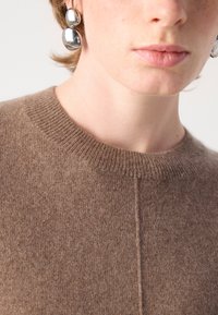 Καφέ πλεκτό πουλόβερ με ραμμένο τελείωμα και απαλή υφή, διαθέτει μια διακριτική ραφή στο μπροστινό μέρος. Βλέπονται ασημέν�ια κρεμαστά σκουλαρίκια.