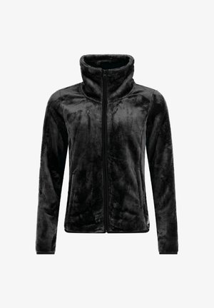 Czarna polarowa kurtka z wysokim kołnierzem, pełnym zamkiem błyskawicznym i długimi rękawami. Miękka faktura, brak widocznych wzorów lub detali metalowych.