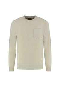 Jasnobeżowy sweatshirt z okrągłym dekoltem, długimi rękawami, teksturowanym materiałem i kieszenią na piersi. Ściągacze przy rękawach i u dołu. Bez wzorów i akcentów.