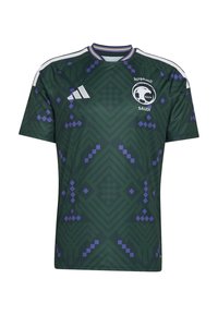 Camiseta de fútbol verde con un patrón geométrico en púrpura, de mangas cortas, con cuello acanalado y logo en la parte frontal. Fabricada en material sintético.