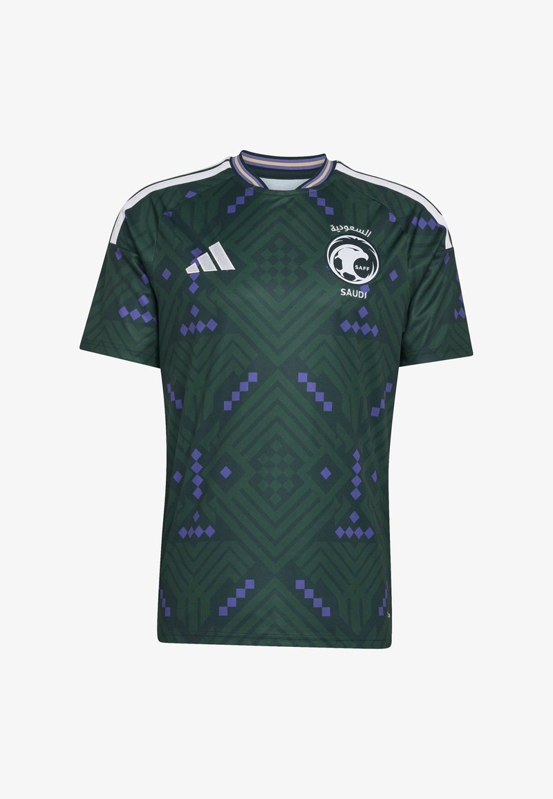 Camiseta de fútbol verde con un patrón geométrico en púrpura, de mangas cortas, con cuello acanalado y logo en la parte frontal. Fabricada en material sintético.