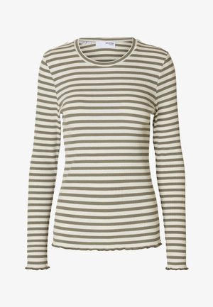 Stripete langermet topp i lys grønn og krem, med ribbet tekstur og bølget nederkant. Rund halsutringning med tettsittende silhuett.