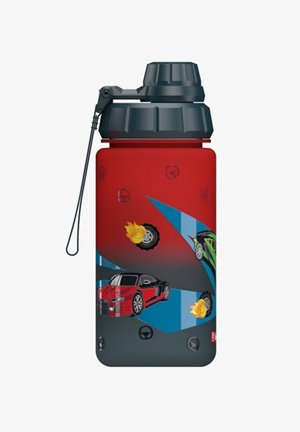 Red plastic water bottle with a black screw-on lid, featuring colorful car graphics, flames, and tire designs against a blue background.