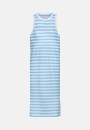 Ärmelloses, knöchellanges Kleid mit horizontalen hellblauen und weißen Streifen, rundem Ausschnitt und lockerem Schnitt.