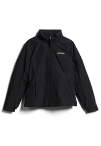 Veste noire zippée avec col montant, deux poches avant, cordons de taille ajustables et petit logo de marque rectangulaire sur la poitrine.