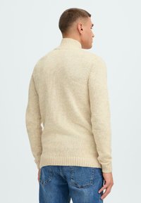 Beige Strickpullover für Herren mit hohem Kragen, strukturiertem Stoff, langen Ärmeln und geripptem Saum, kombiniert mit blauen Jeans, von hinten betrachtet.