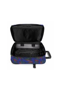 Borsa a rotelle con un esterno blu vibrante caratterizzato da un motivo di foglie multicolori. L'interno è nero con un compartimento con cerniera e cinghie.
