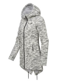 Manteau long texturé gris et blanc avec capuche, doté d'une fermeture éclair à l'avant, de poches latérales et de cordons de serrage à l'ourlet.