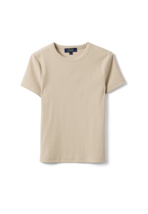 T-shirt beige en coton côtelé à manches courtes, col rond, avec étiquette de la marque OVS sur fond blanc.