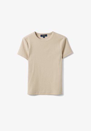 T-shirt beige en coton côtelé à manches courtes, col rond, avec étiquette de la marque OVS sur fond blanc.