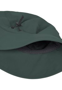 Dunkelgrüner Hut mit breiter Krempe, verstellbarem schwarzem Kordelzug und Netzfutter innen, für den Außeneinsatz konzipiert.