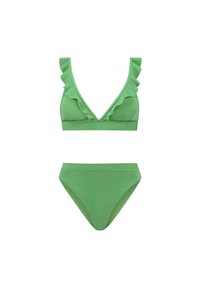 Green bikini set featuring a ruffled bralette with V-neck and matching high-waisted bottoms, made of textured, shimmering fabric.