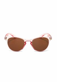 Sunglassové brýle ve stylu kočičích očí s transparentními růžovými obrubami a hnědými skly. Lehký a elegantní design s jemnými detaily na obrubě.
