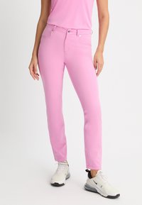 Pink casual pants made of stretchy fabric, featuring a slim fit, five pockets, and a zip fly with a button closure.