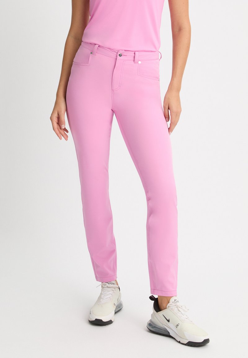 Pink casual pants made of stretchy fabric, featuring a slim fit, five pockets, and a zip fly with a button closure.