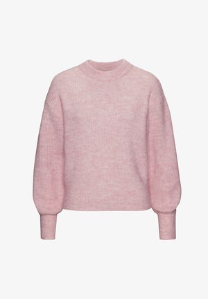 Maglione rosa lavorato a maglia con scollatura rotonda, spalle scese e maniche lunghe; texture morbida; design leggermente oversize e corto.