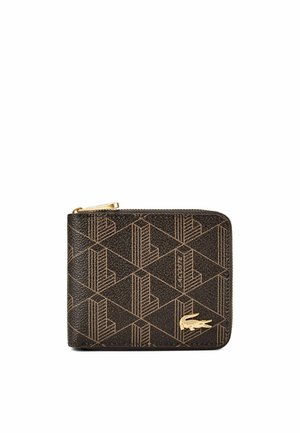 Piccolo portafoglio marrone con zip, motivo geometrico, zip dorata e logo coccodrillo dorato nell'angolo anteriore.