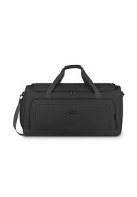 Zwarte duffel zak van duurzaam stof, met dubbele bovenhandvatten, een verstelbare schouderriem en een voorste ritsvak met een logolabel.