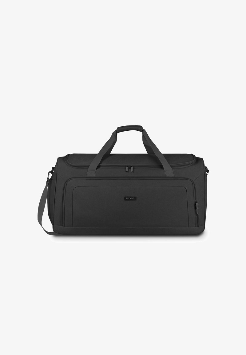 Sac de sport noir en tissu résistant, avec deux poignées supérieures, une bandoulière réglable et une poche zippée à l'avant avec une étiquette logo.